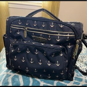Jujube Nautical Anchor Diaper bag with straps & changing pad. Navy/taupe/Gold